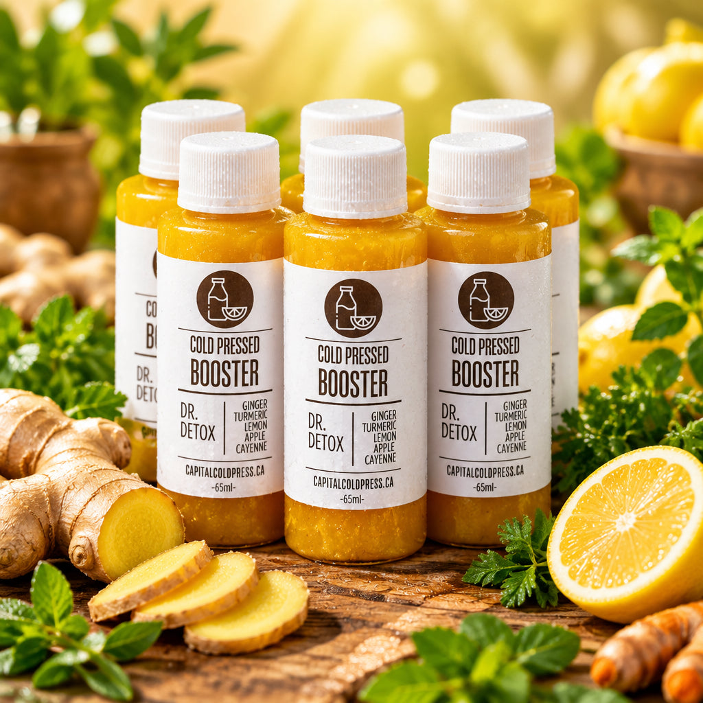A bottle of 'Dr. Detox - Immunity Booster' with a white label, orange liquid, and text indicating it is a cold pressed elixir with ginger, lemon, and cayenne pepper.