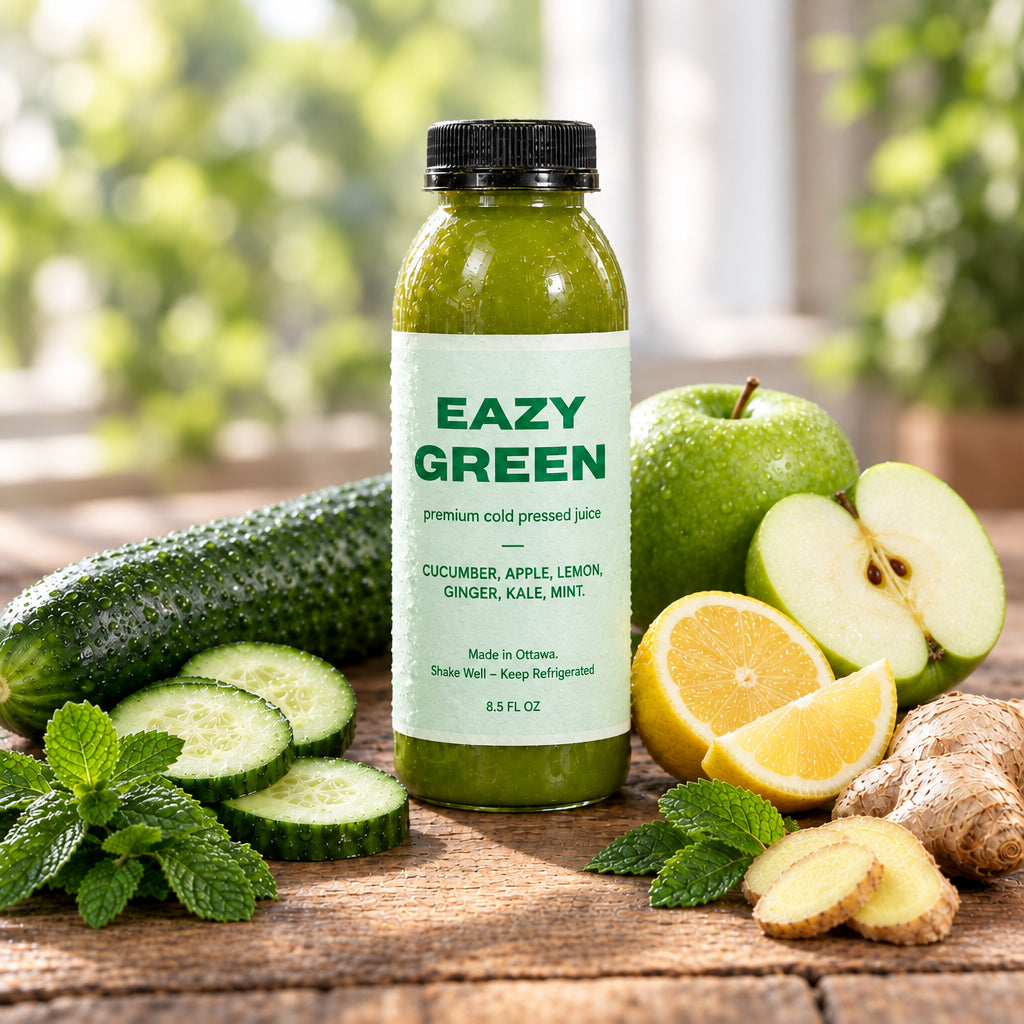 A bottle of Eazy Green cold pressed juice blend with labels indicating it is made with cucumber, apple, lemon, ginger, kale, and mint. The bottle is 250ml and specifies that it is a premium juice blend.