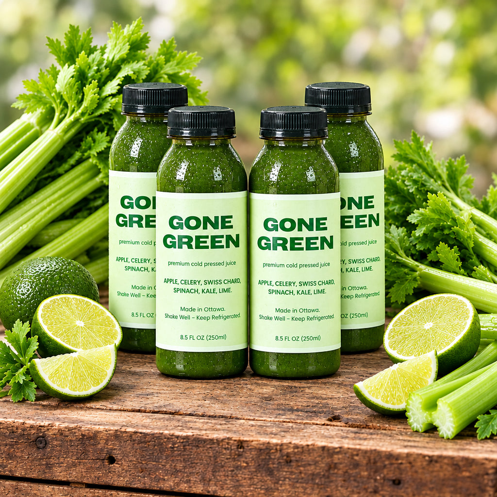 A bottle of Gone Green, a green smoothie product made with apple, celery, swiss chard, kale, and spinach, labeled as a '250ml' serving.