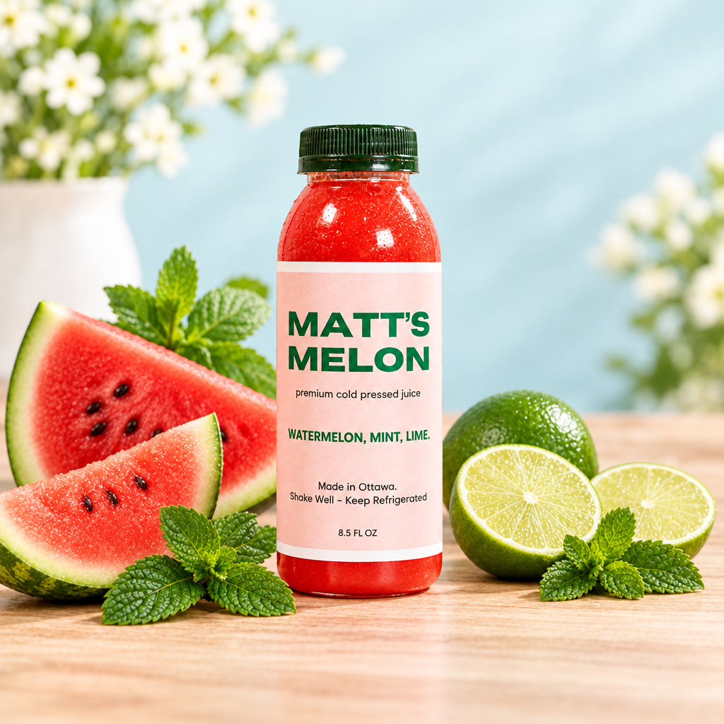 A bottle of Matt's Melon juice in a red bottle with a label that includes the product name and the fact that it is a cold press juice.
