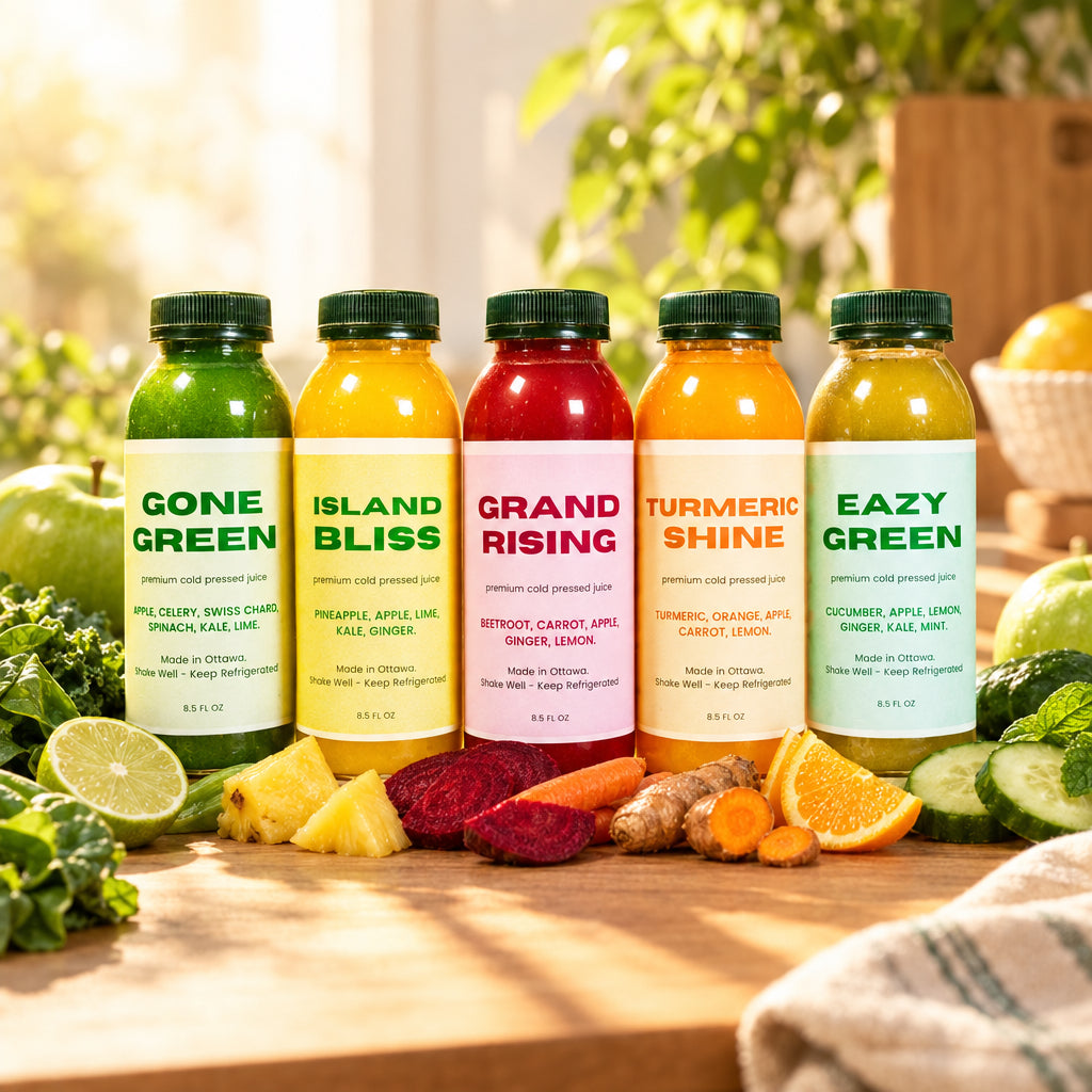 Five bottles of different juice flavors with colorful labels on a white background