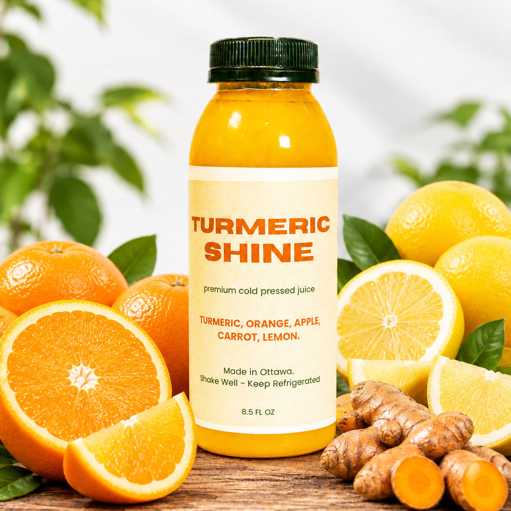 A bottle of Turmeric Shine nutrition drink with an orange label, indicating carrot as an ingredient.